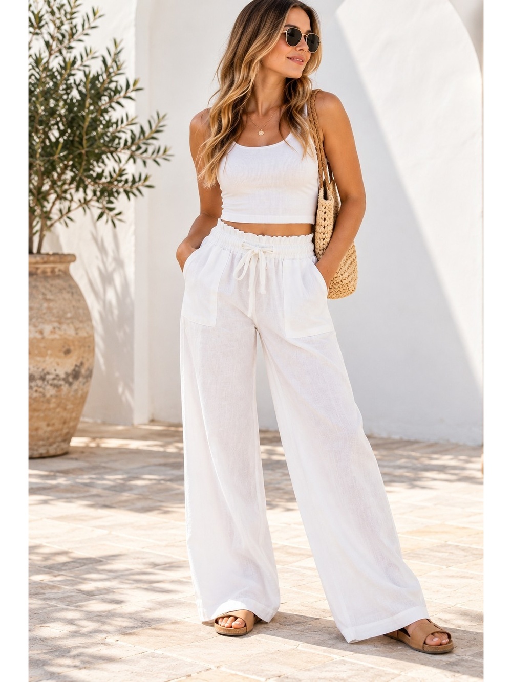 Redlich & Becker White Wide Leg Trousers Women's Small Drawstring Casual Pants